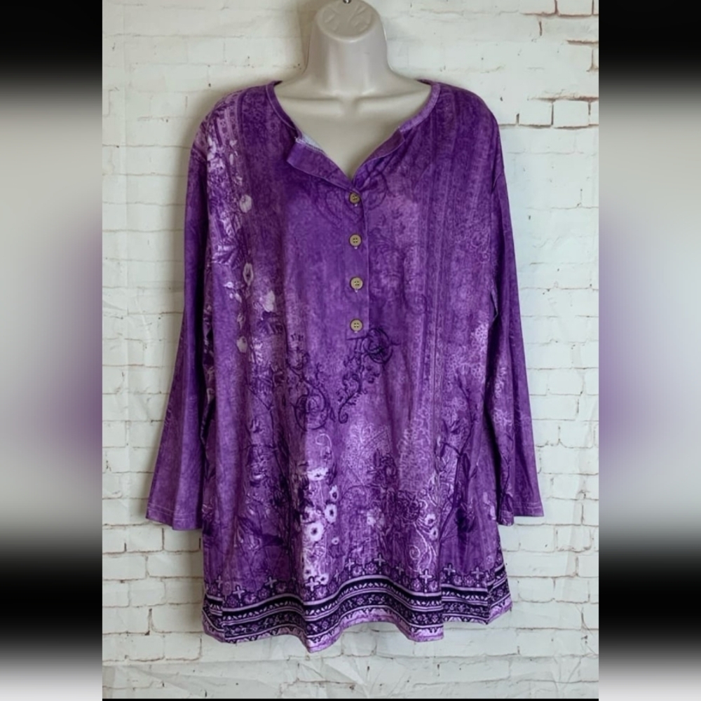 Womens Purple Floral 1/2 Button Long Sleeve Top Size 2xl fits like 1xl